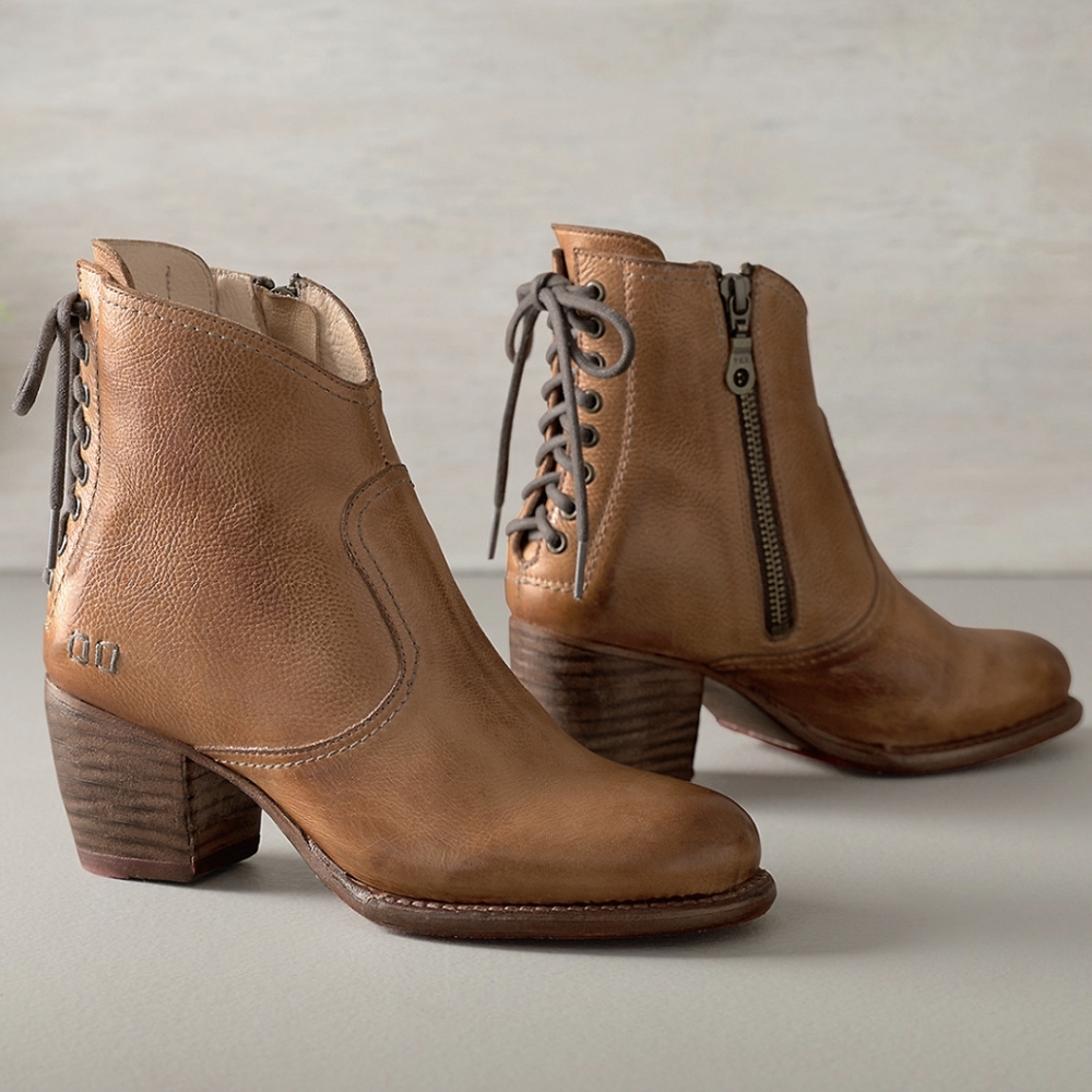 Bed Stu Tan Ankle Boots with Chunky Heel and Western Design